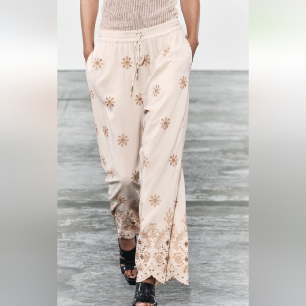 Zara Embroidered Wide Leg Casual Elasticized Waist Pants